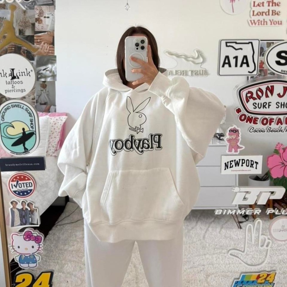 white playboy bunny pacsun soft oversized hoodie